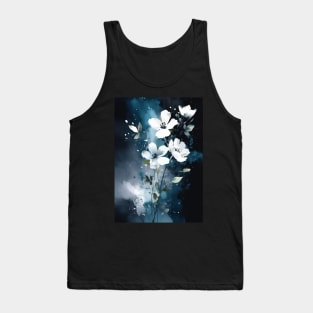 Ethereal Blooms: White Flowers on Blue Tank Top
